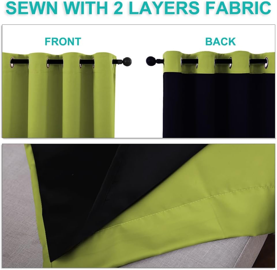 NICETOWN 100% Blackout Curtains 54 inches Long, Fresh Green, 1 Pair, 42 inches Width Each Panel, Double-Deck Completely Blackout Window Treatment Thermal Insulated Lined Drapes for Small Window