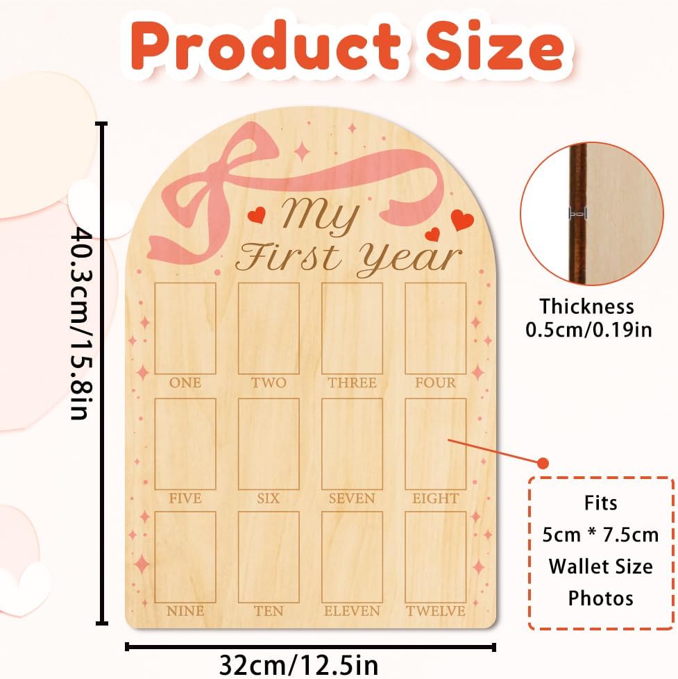 ORIGACH My First Year Baby Growth Photo Display Wood Board - 12 Months Newborn Milestones Photo Board - Neutral Baby Keepsake Frame 1st Birthday Party Nursery Decor New Mom Gift - Bow & Heart
