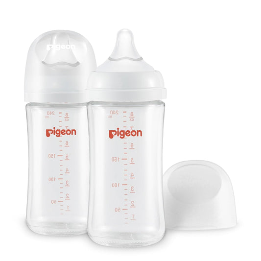 Pigeon Glass Nursing Bottle Wide Neck, Anti-Colic, Streamlined Body, Natural Feel, Easy to Clean, Heat-Resistant, 8.1 Oz(Pack of 2), Includes 2pcs M Nipples (3m+)