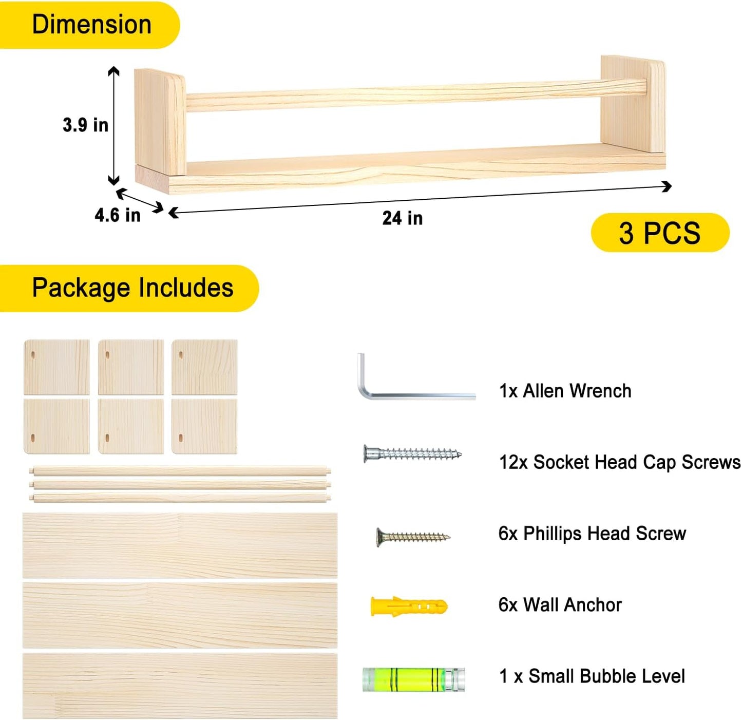 Nursery Floating Shelves for Kids Room, Set of 3 Wall Book Shelves for Kitchen Living Room, Book Shelf Wall Mounted for Baby Kids Bedoom Bathroom (Nature, 24inch Set 3)