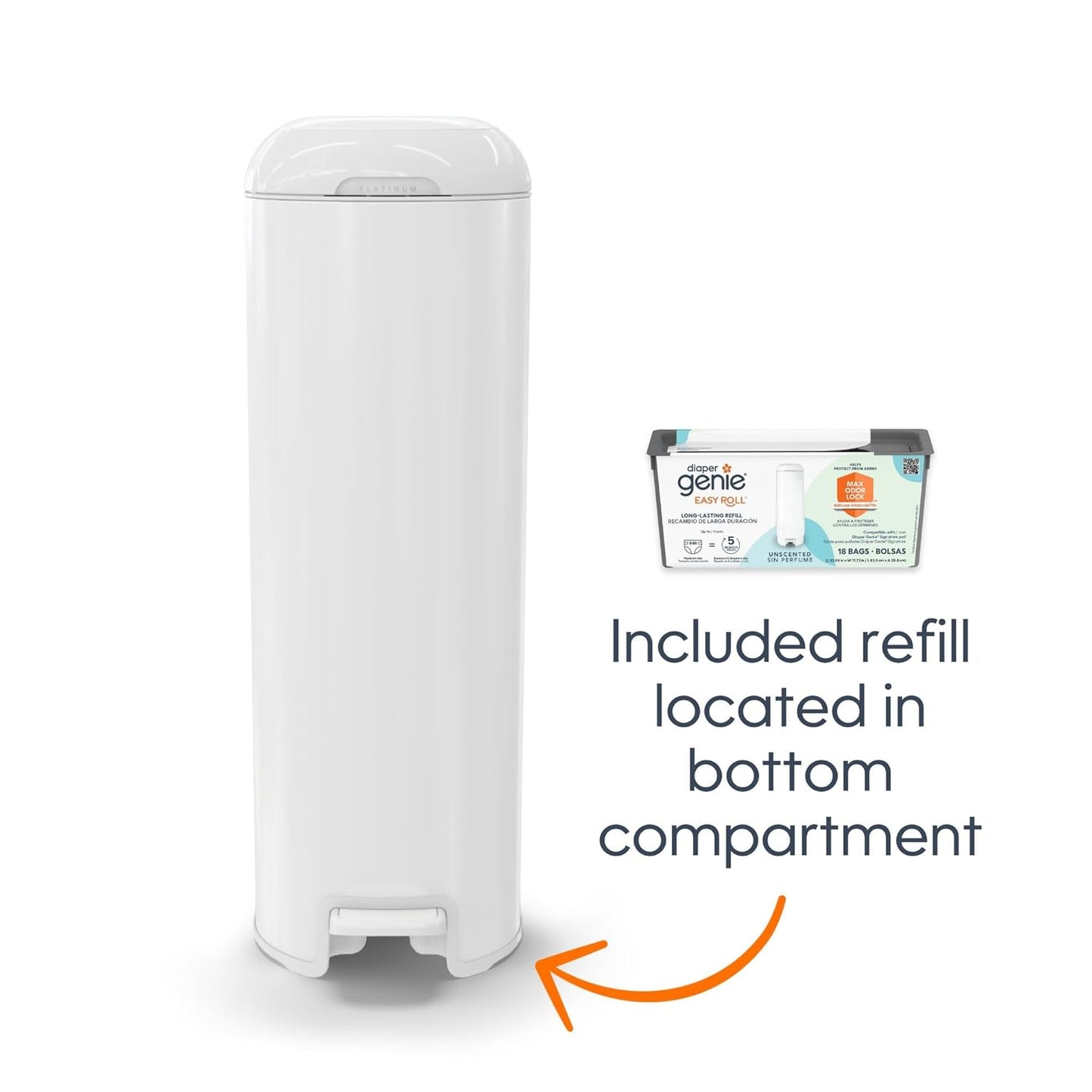 Diaper Genie Platinum Pail (Sage Green) is Made in Durable Stainless Steel and Includes 1 Easy Roll Refill with 18 Bags That can Last up to 5 Months.