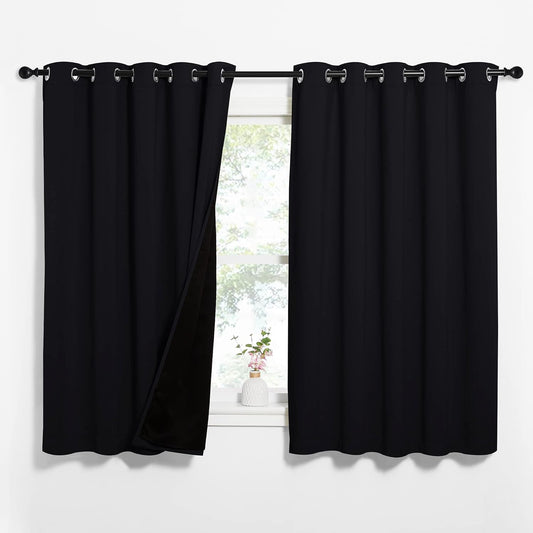 NICETOWN Complete 100% Blackout Curtains, Thermal Insulated & Energy Efficiency Window Draperies with Black Liner, Noise Reducing Short Curtains for Kids Room (Black, 62-inch W by 63-inch L, 2 Panels)