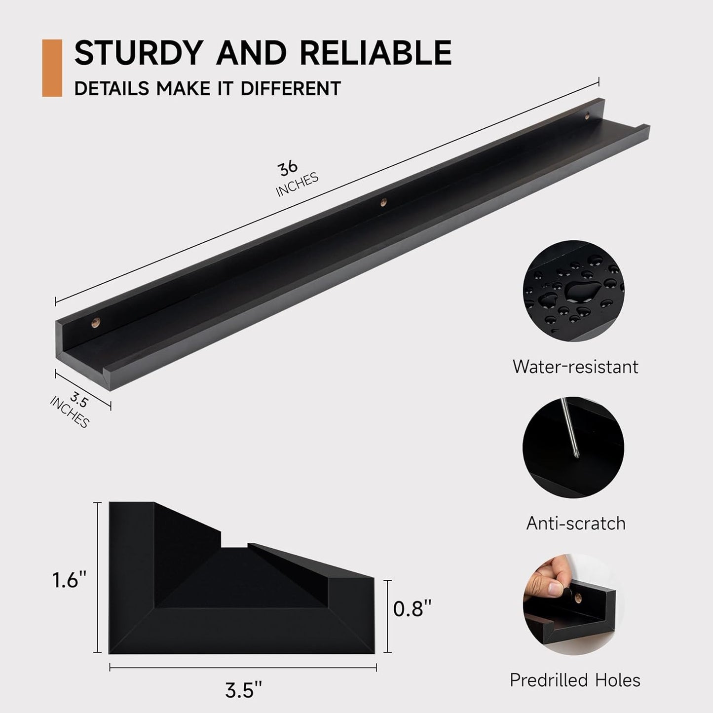 Picture Ledge Shelf for Wall, Floating Shelves Set of 4, 36 Inch Long Nursery Book Shelves for Toys Storage, Kids Bookshelf Wall Mounted for Books Photo Frames, Black