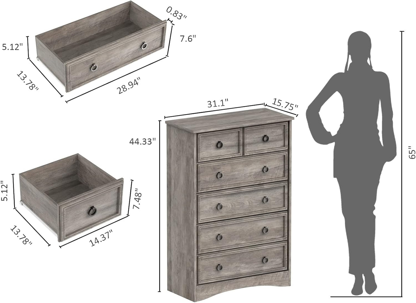 LGHM Modern 6 Drawer Dresser, Dressers for Bedroom, 44.33" Tall Chest of Drawers Closet Organizers & Storage Clothes - Easy Pull Handle, Textured Borders Living Room, Hallway, Gray