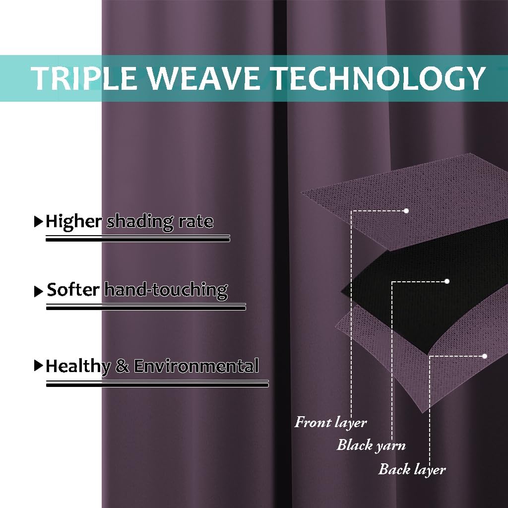 NICETOWN 100% Blackout Lined Curtains, Plum, 1 Pair, 42" Width x 63" Length Each Panel, 2 Thick Layers Completely Blackout Window Treatment Panels Thermal Insulated Drapes for Kitchen