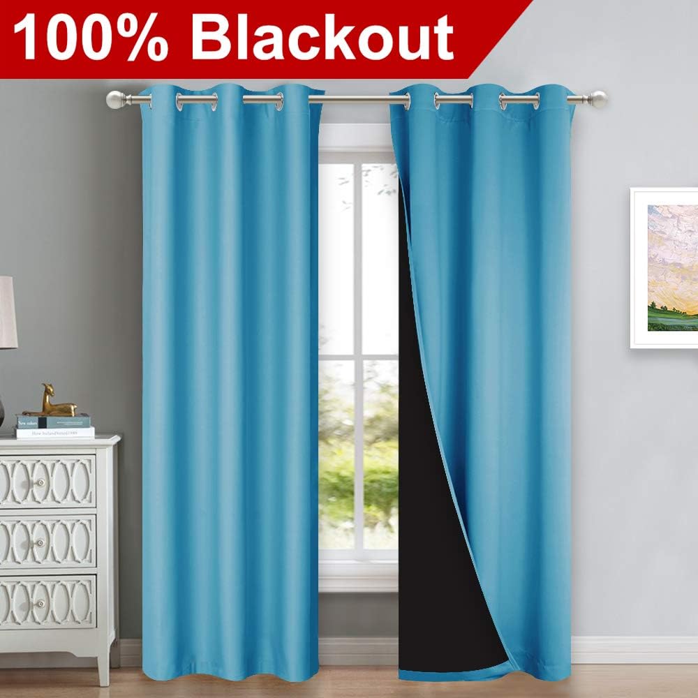 NICETOWN Blackout Curtains 80 inches Long, 2 Pieces, 42" Wide Each Panel, Teal Blue, Full Light Blocking Drapes with Black Liner for Nursery, Thermal Insulated Draperies for Hall, Villa