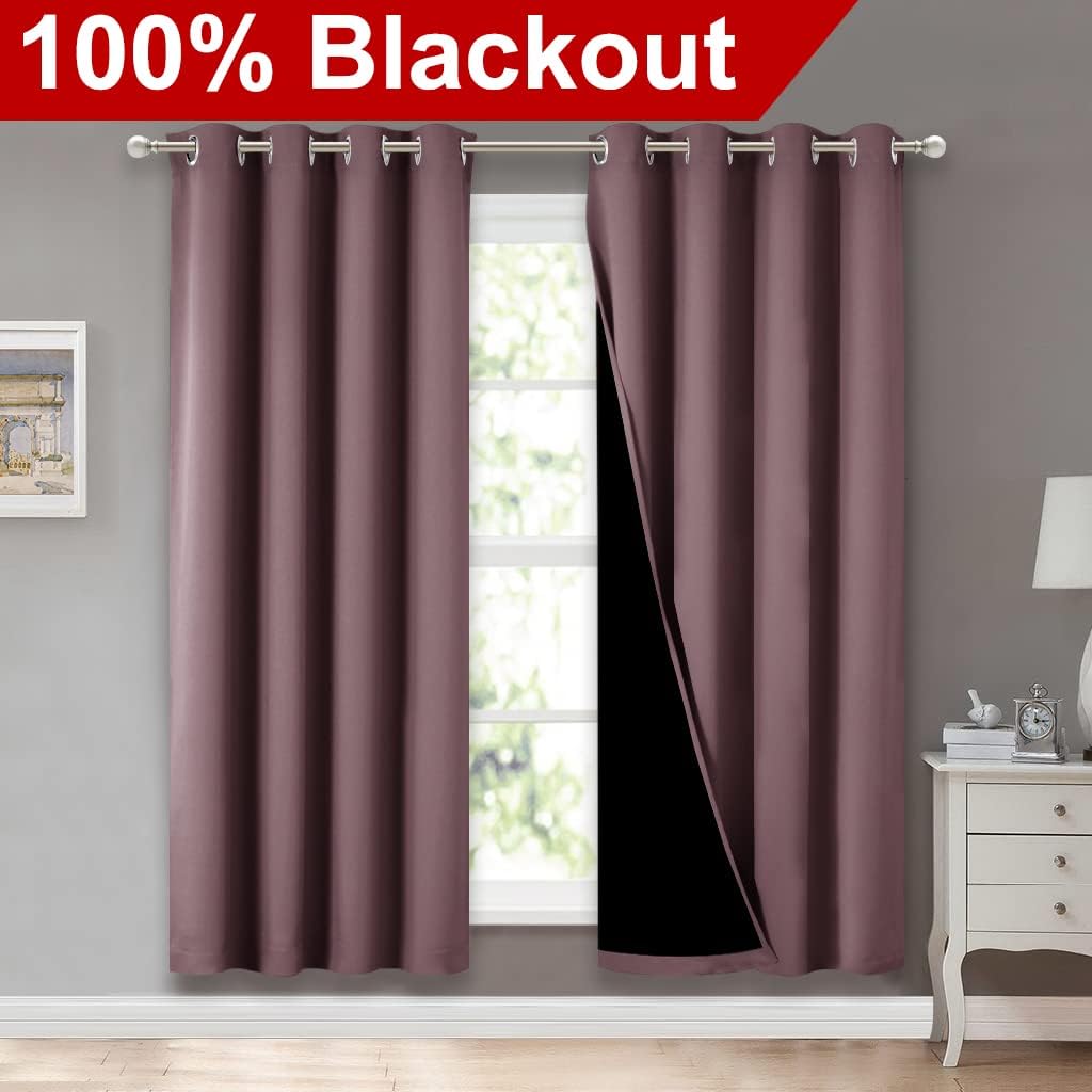NICETOWN 100% Blackout Window Curtain Panels, Full Light Blocking Drapes with Black Liner for Nursery, 72-inch Drop Thermal Insulated Draperies (Dry Rose, 2 Pieces, 52-inch Wide Per Panel)