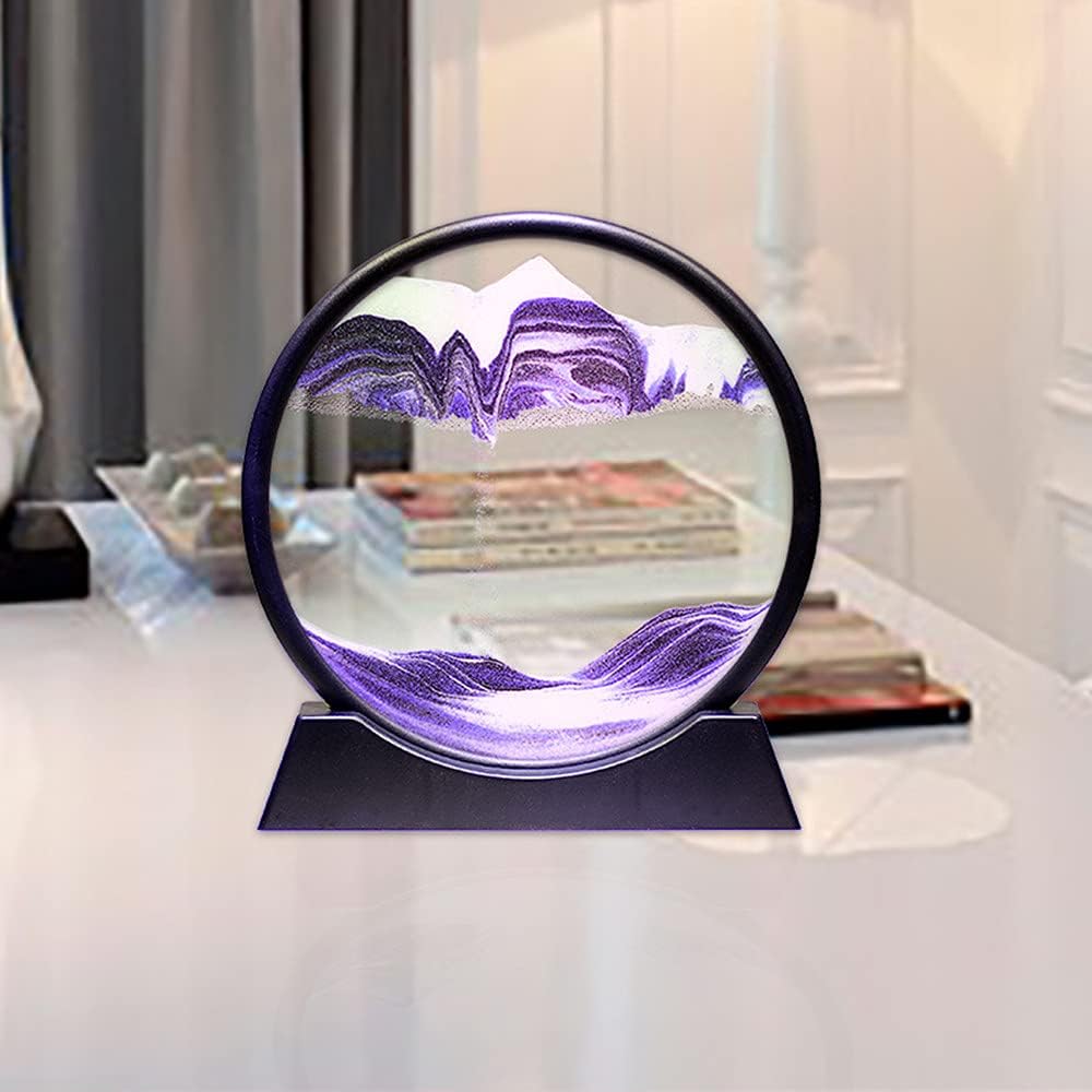 Moving Sand Art Picture,Liquid Motion 3D Sea Sandscape in Motion Display, Flowing Sand Frame Desktop Art Bookshelves Home Office Decoration (12 inch, Purple)