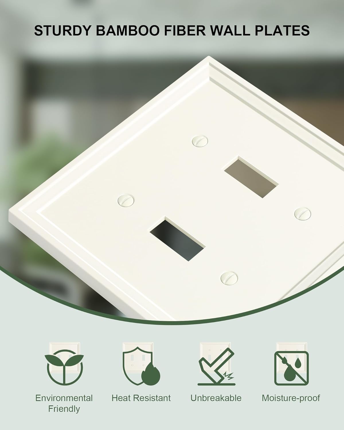 2-Pack Double Toggle Light Switch Cover Plate, Light Almond Decorative Dual Switch Plate Covers, Natural Bamboo Fiber 2 Gang Wall Plate, Corrosion Resistant