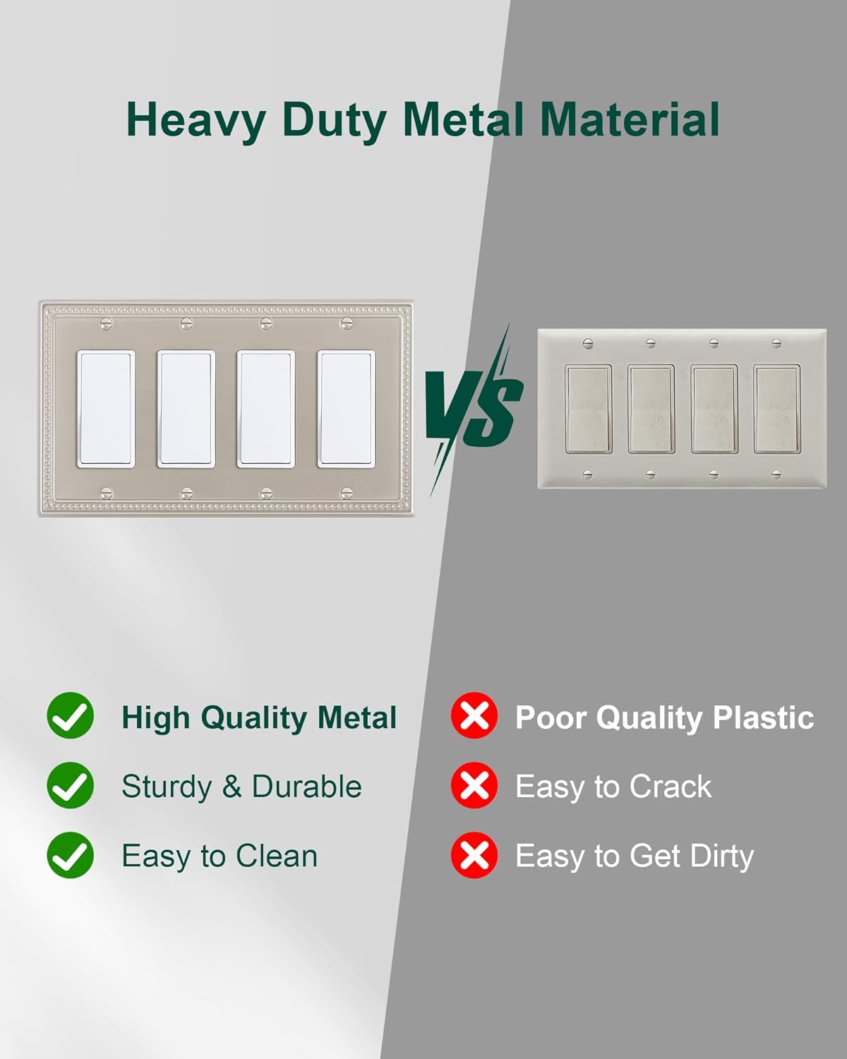 2-Pack Quad Decorator Outlet Cover Plate, Pearls Decorative Switch Plates and Outlet Covers, 4 Gang Brushed Nickel Metal Wall Plates, Corrosion Resistant