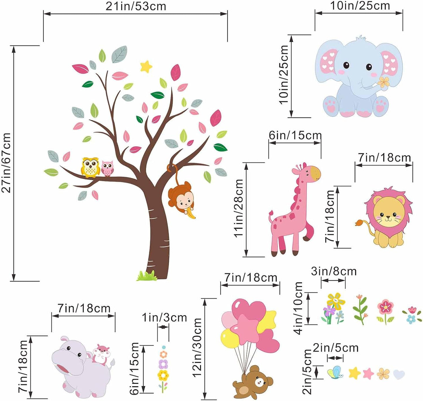 Pink Animals Baby Wall Stickers - Forest Lion Elephant Monkey Hippo Wall Decals - Girls Baby Nursery Kids Room Wall Decor