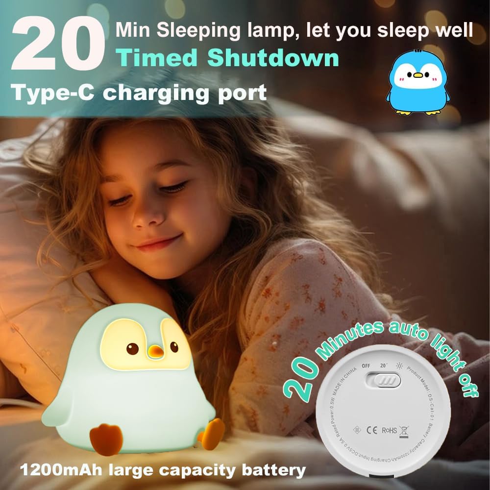 Cute Penguin Night Light for Kids Bedroom, Animal Silicone Nursery Night Lamp Touch Control Nightlights USB Rechargeable Bedside Lamp for Baby Children Toddlers Girls Gift