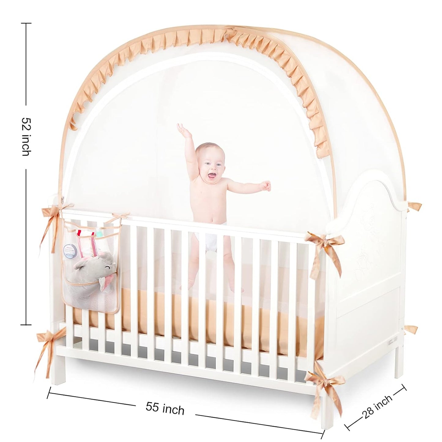 Baby Safety Crib Tent Infant Pop up Mosquito Net Nursery Bed Canopy Netting Cover - Keep Baby from Climbing Out with Hanging Diaper Storage Bag (Beige)