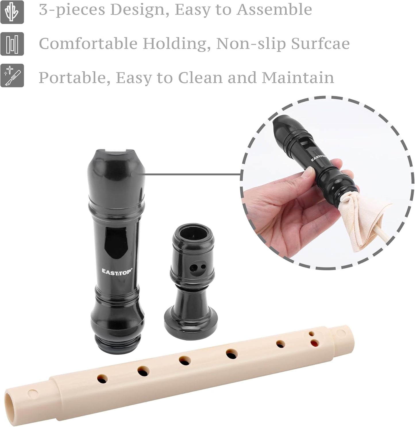 EAST TOP Soprano Recorder for Beginners, 8 Hole Plastic German Fingering Flute Recorder 3 Piece with Cleaning stick, Cotton pouch, Fingering Chart, Colorful box (Black&Ivory)