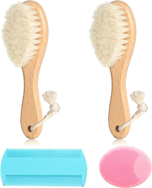 Goat Baby Hair Brush Set, 2pcs Wooden Soft Bristles Brush with Comb and Pink Silicone Bath Brush for Newborns Toddlers Safe Natural Hair Care Kit
