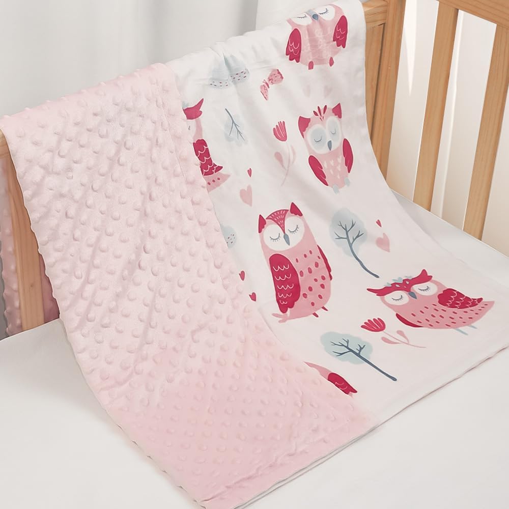 Owl Kid Blanket for Girl - Soft Kids Throw Minky Blankets with Dotted Backing for Girls - Kids Nursery Crib Blanket 30x40