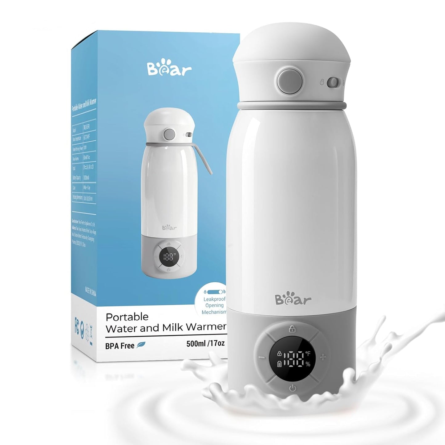 Bear Portable Bottle Warmer, Super Fast Charging, Instant Formula Breastmilk Water Warmer with 17 Ounces Capacity, Baby Milk Warmer with Fast Heating & Long Battery Life, Precise Temperature Control