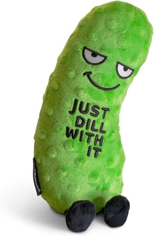 Pickle Foodie Plushie, Funny Pun Meme Gag Gift, White Elephant, Stocking Stuffer Present, Great for Emotional Support, Fun Desk Accessory, Weighted Base for Display
