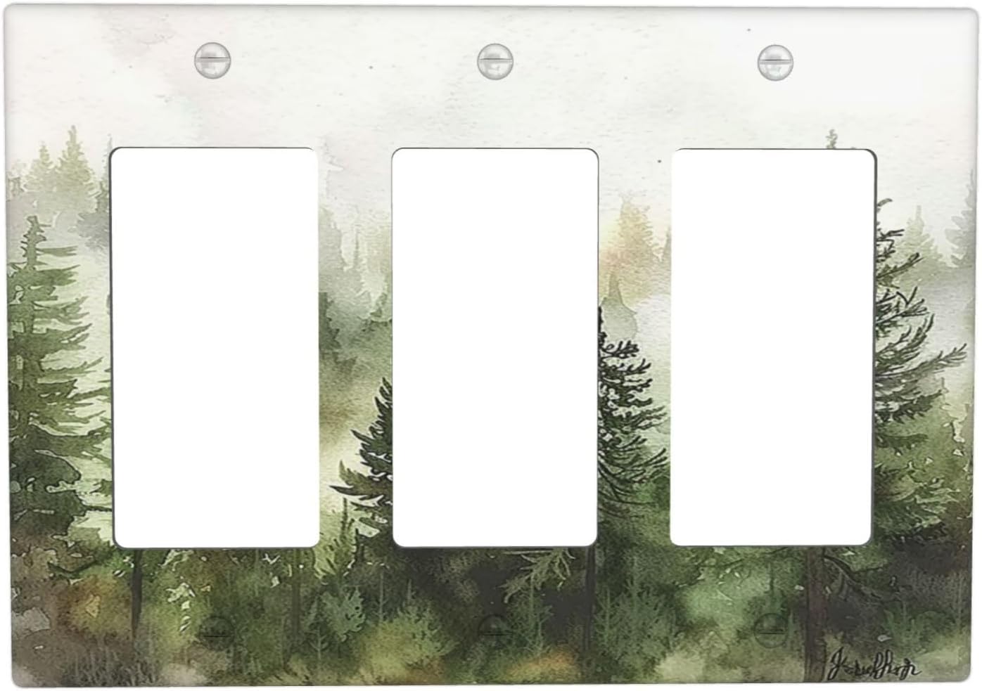 Light Switch Covers Green Forest Watercolor Painting Foggy Pine 3 Gang Rocker Electrical GFCI Decorative Triple Outlet Wall Plate Cover Switchplate for Bedroom living Room Decor