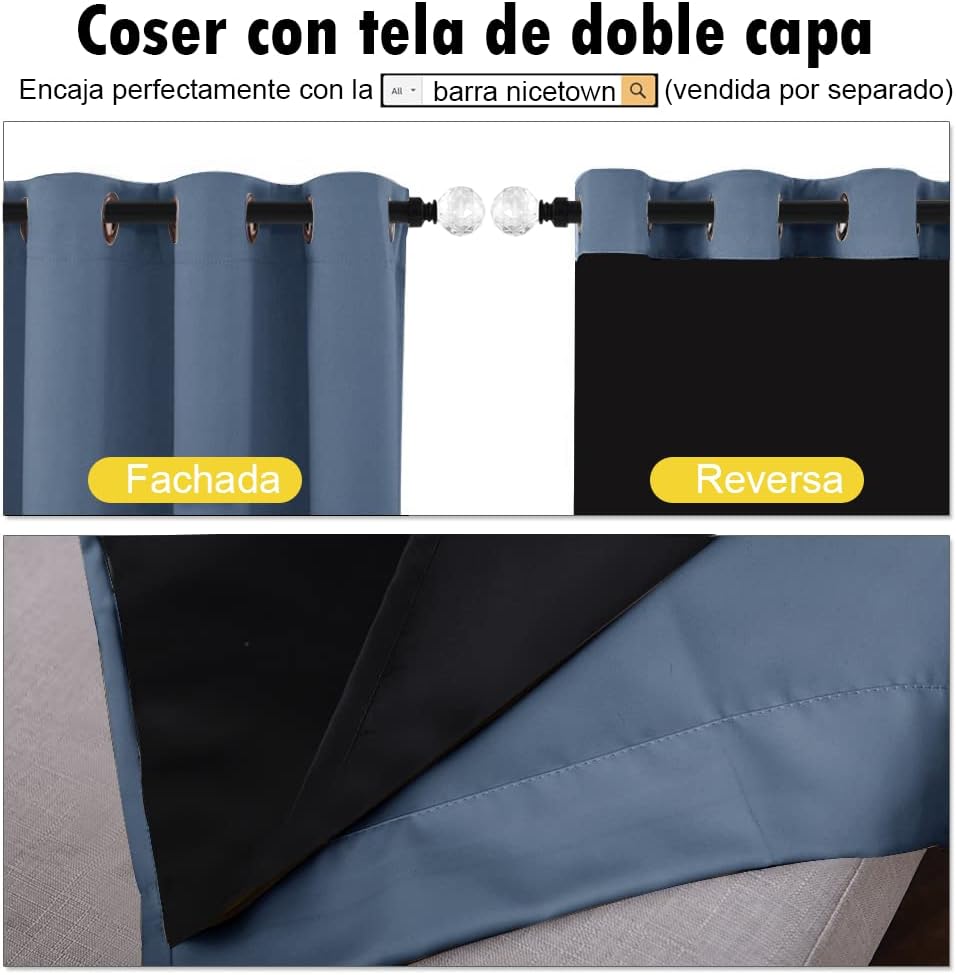 NICETOWN 100% Blackout Curtains with Black Liners, Thermal Insulated Full Blackout 2-Layer Lined Drapes, Energy Efficiency Window Draperies for Boy's Room (Stone Blue, 2 Panels, 52-inch by 45-inch)