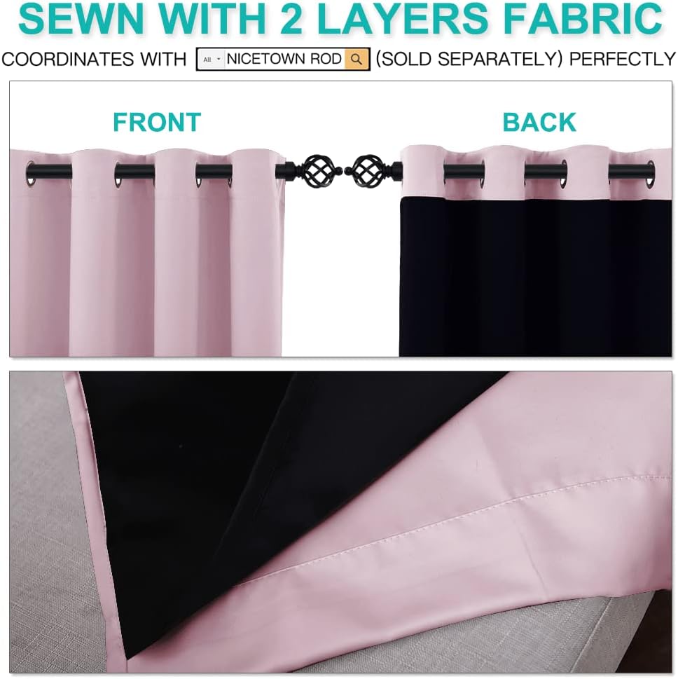 NICETOWN 100% Blackout Tall Curtains, Durable and Soft Black Lined Blackout Drapes for Living Room, Energy Saving Long Panels for Patio Sliding Glass Door, Lavender Pink, 52 inches x 108 inches, 2 PCs