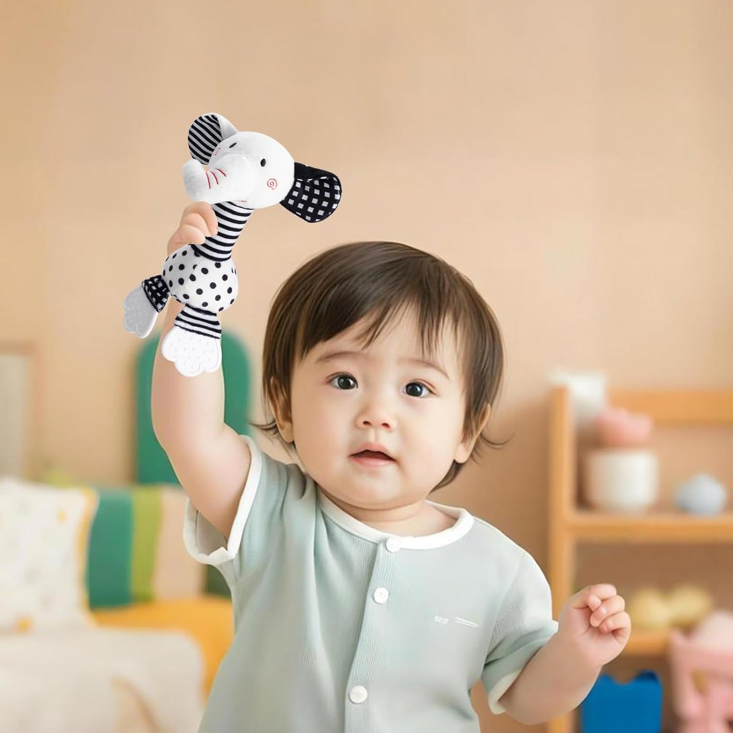 Black & White Elephant Baby Toys 0-12 Months - Plush Sensory Rattle with Teether, Wind Chime, BB Squeaker & Embroidery for Visual, Hearing & Cognitive Development