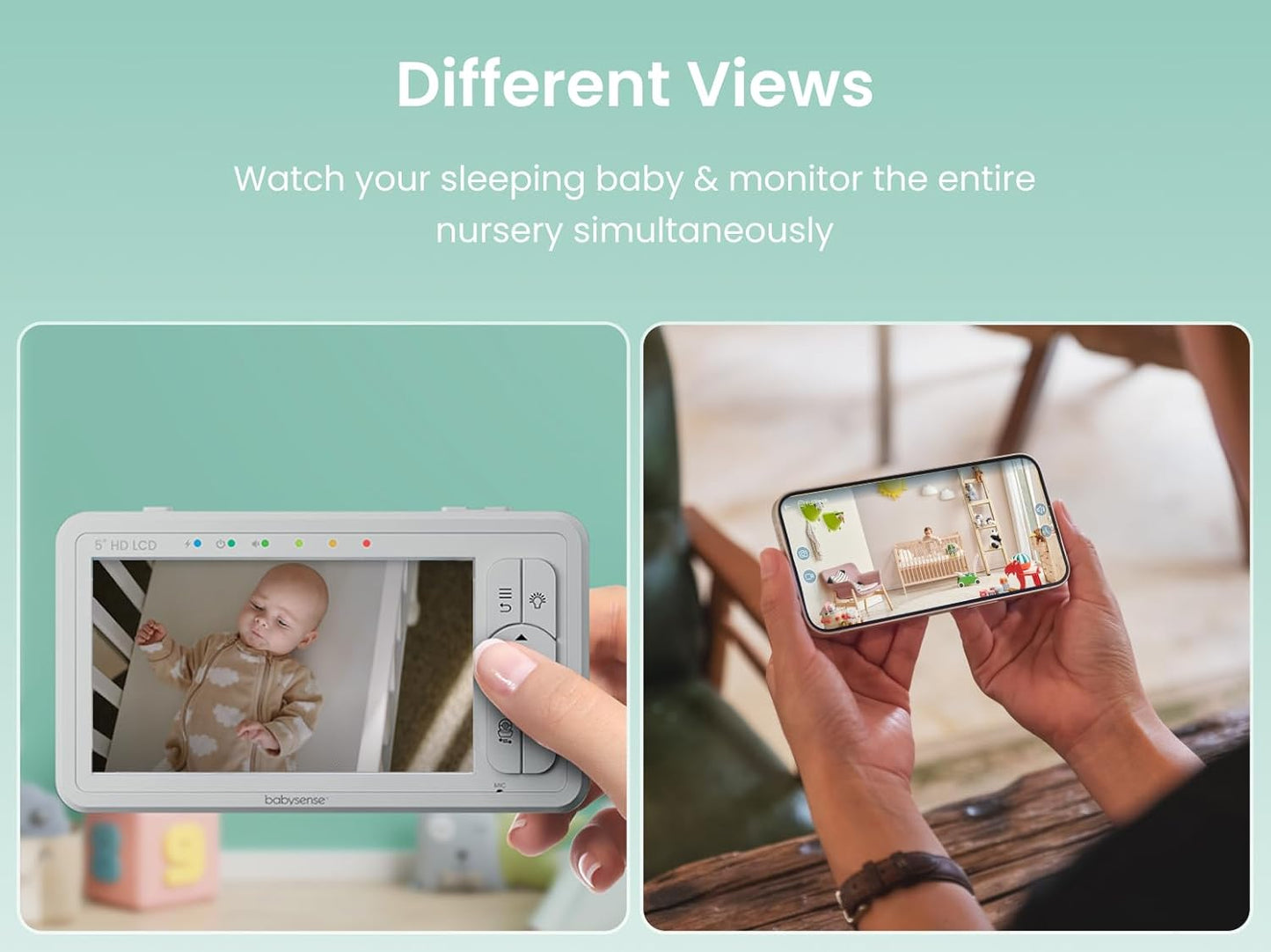 Babysense HDS2 Non-WiFi 5” HD Baby Monitor with Camera and Audio & Bonus WiFi Security Camera with App for Remote Viewing - HDS2&FullPeek