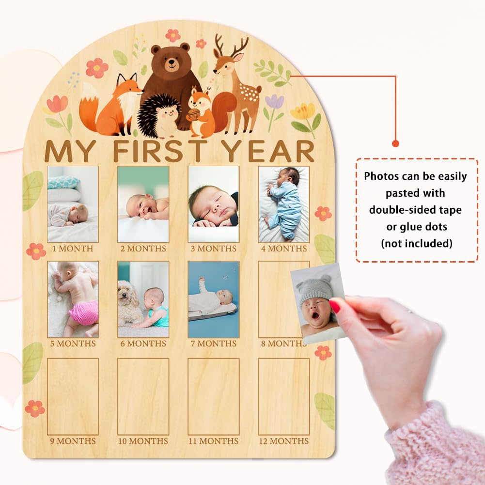 ORIGACH My First Year Baby Growth Photo Display Wood Board - 12 Months Newborn Milestones Photo Board - Neutral Baby Keepsake Frame 1st Birthday Party Nursery Decor New Mom Gift - Forest Animals