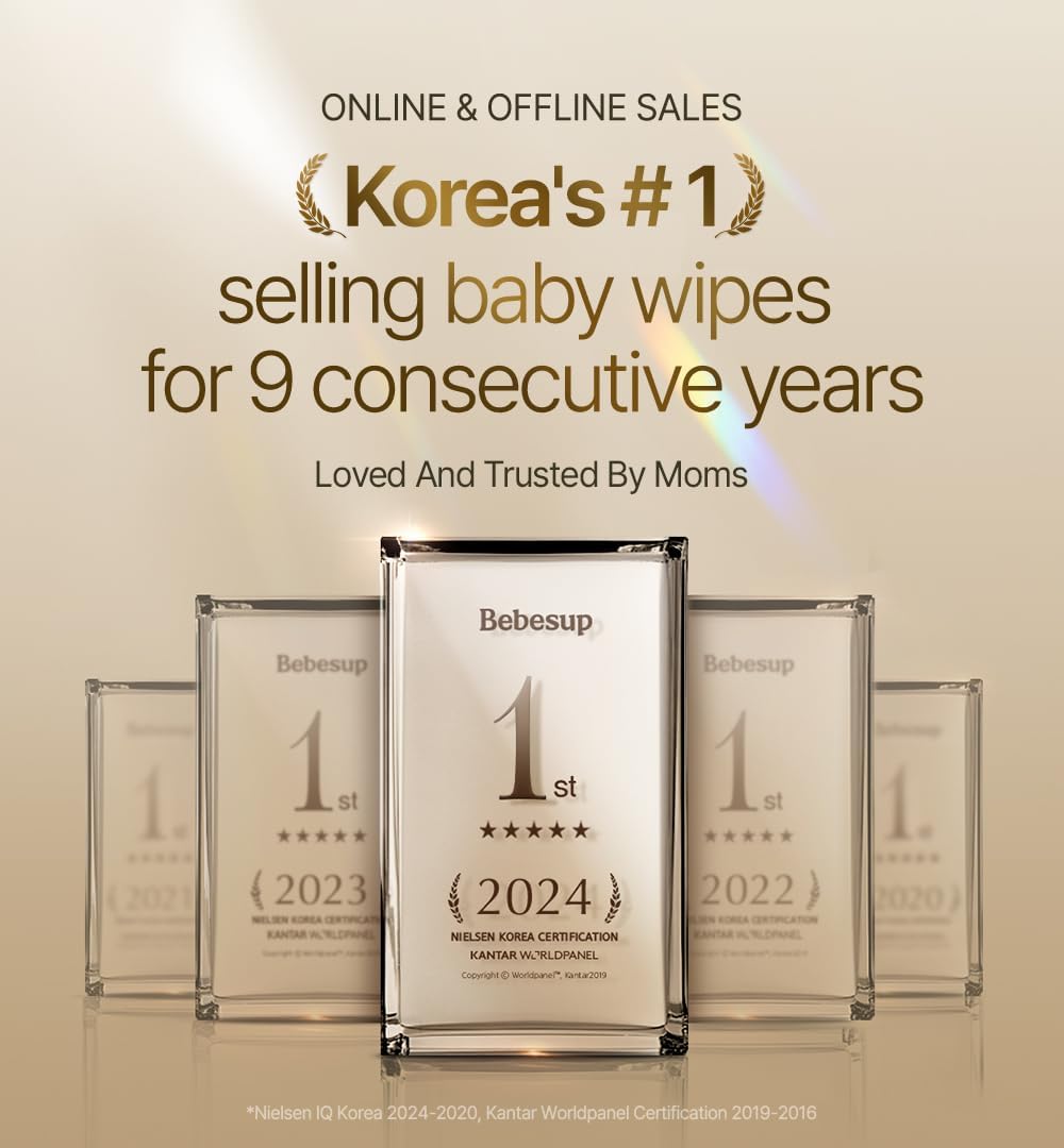 BEBESUP-Korea’s #1 Sensitive Baby Wipes -Hypoallergenic Water-based Unscented Alcohol-Free Extra-Thick Ｏrganic Superfood Extracts Plant- Based for sensitive skin Flip-Top (80 Count 1 Pack) Packs)