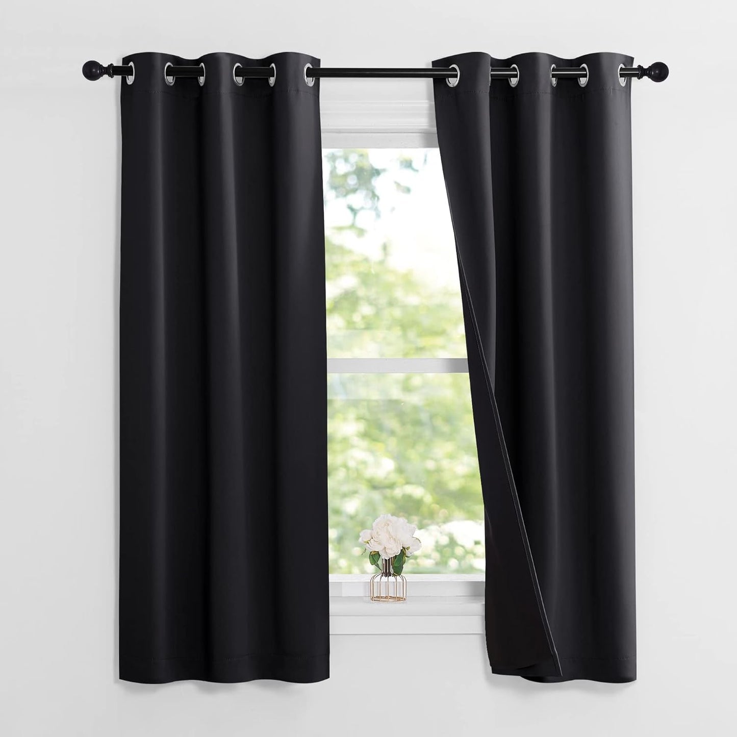 NICETOWN Complete 100% Blackout Curtain Set, Black, 37" W by 60" L, Double Panels, Thermal Insulated & Energy Efficiency Window Draperies with Black Liner, Noise Reducing Short Curtains for Kids Room