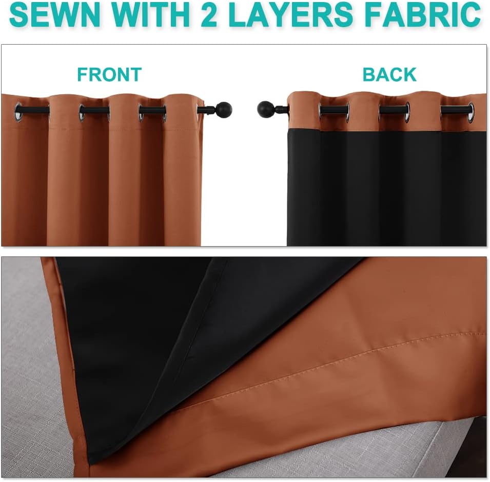 NICETOWN 100% Blackout Window Curtain Panels, Full Light Blocking Drapes with Black Liner for Nursery, 72-inch Drop Thermal Insulated Draperies (Burnt Orange, 2 Pieces, 70-inch Wide Per Panel)