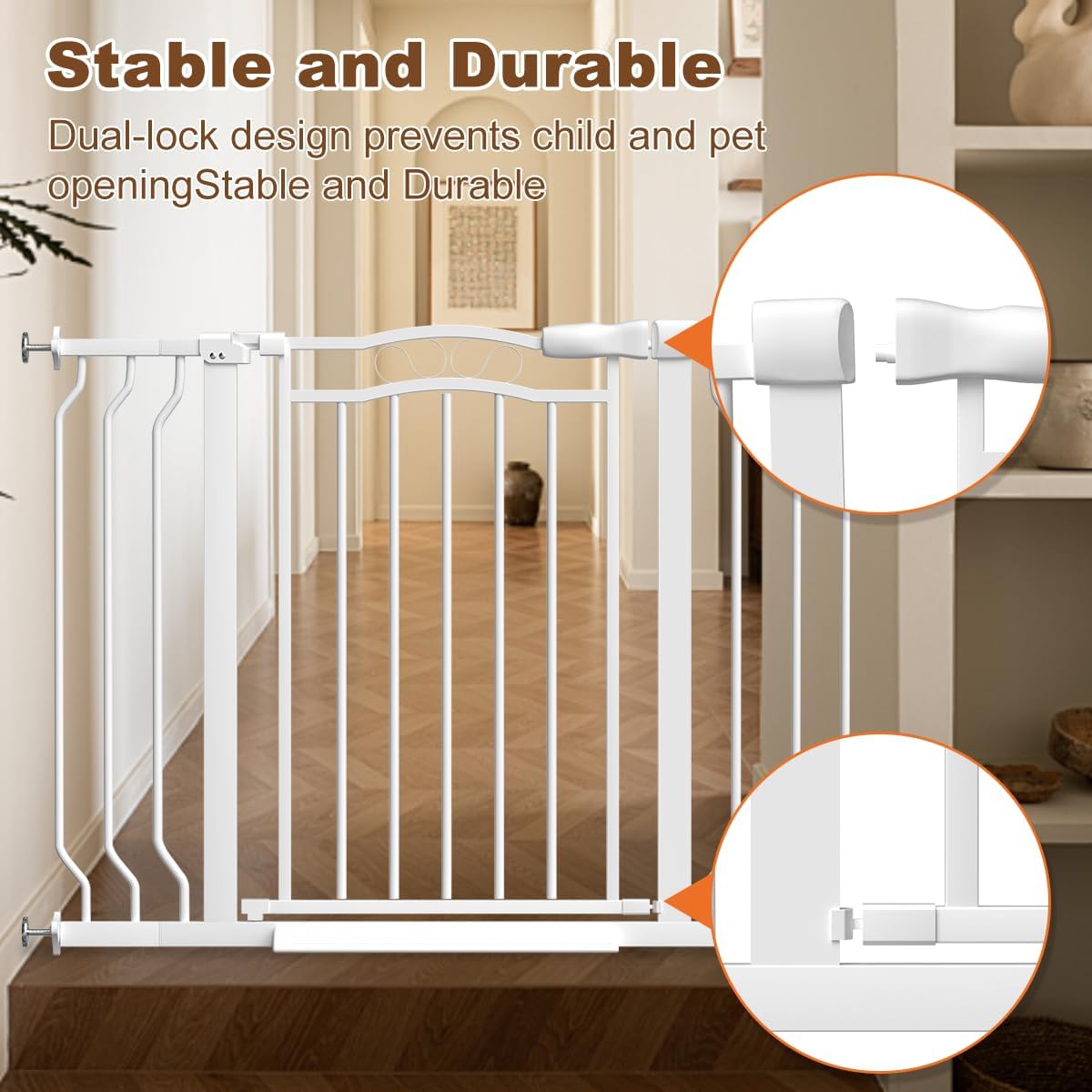 30" Tall Metal Narrow Baby Gate for Doorways No Drill 29.5-33.8" Wide, Auto Close Press Mounted Baby Gate Indoor for Kids, Walk Through Dog Gates for Stairs, White