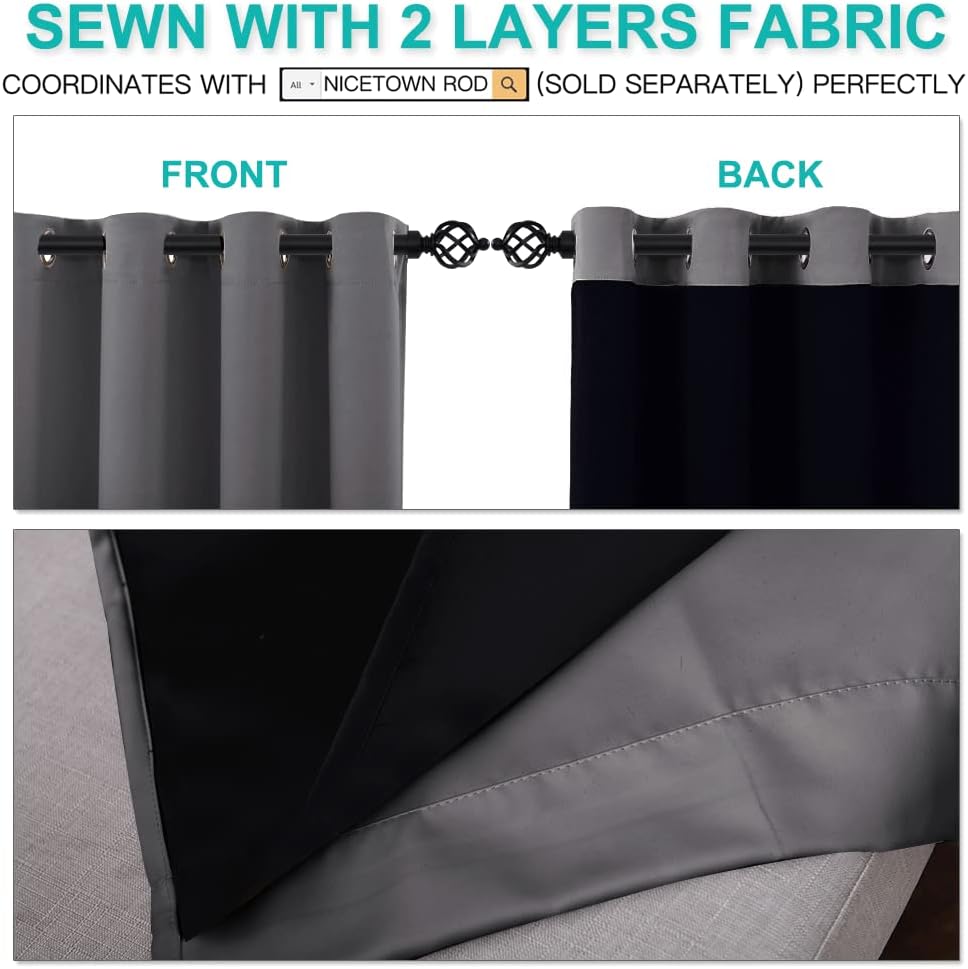 NICETOWN 100% Blackout Blinds, Laundry Room Decor Window Treatment Curtains for Large Patio Sliding Door, Thermal Insulated Grey Curtains for Bedroom, Set of 2, 52 inches x 108 inches