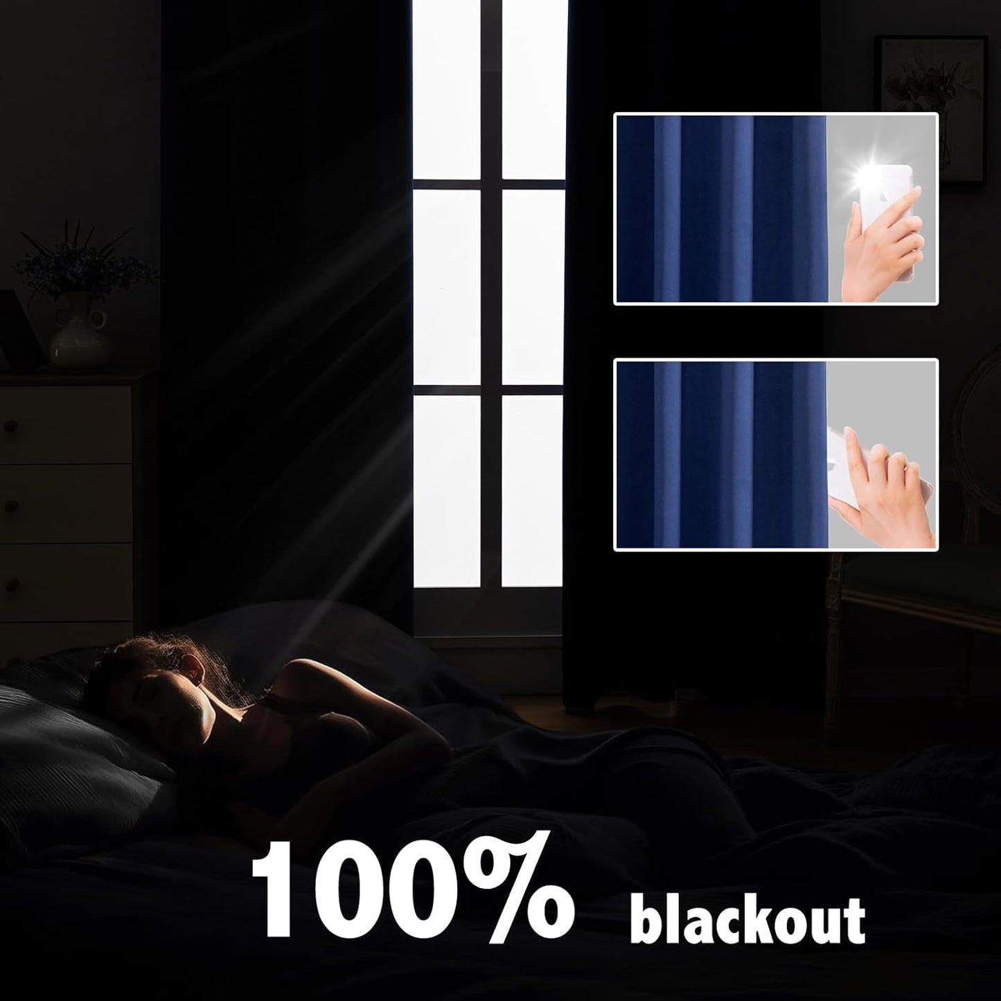Anytime 100% Blackout Curtain Set, Thermal Insulated & Energy Efficiency Window Draperies for Guest Room, Full Shading Panels for Shift Worker and Light Sleepers（Navy Blue, 2 Panels, 42W x 72L）