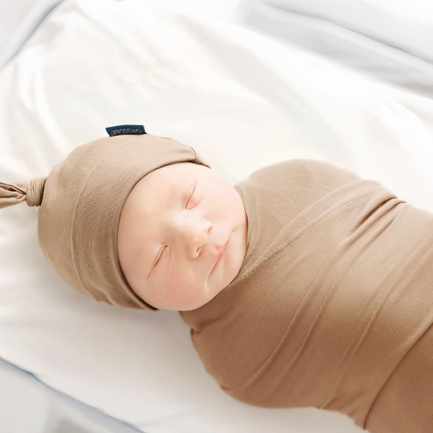 GRSSDER Newborn Swaddle Blanket, Ultra Soft Jersey Receiving Blanket with Matching Headband and Beanie Set 33×44", Stretchy Baby Neutral Swaddle Wrap for Girls and Boys