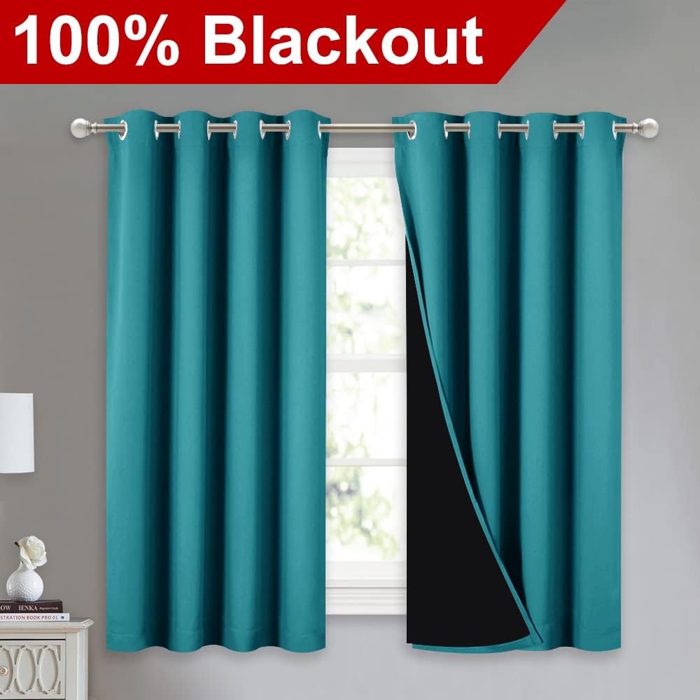 NICETOWN 100% Blackout Curtains 54 inches Long, Double-Deck Completely Blackout Window Treatment Thermal Insulated Lined Drapes for Small Window (Peacock Teal, 1 Pair, 52 inches Width Each Panel)