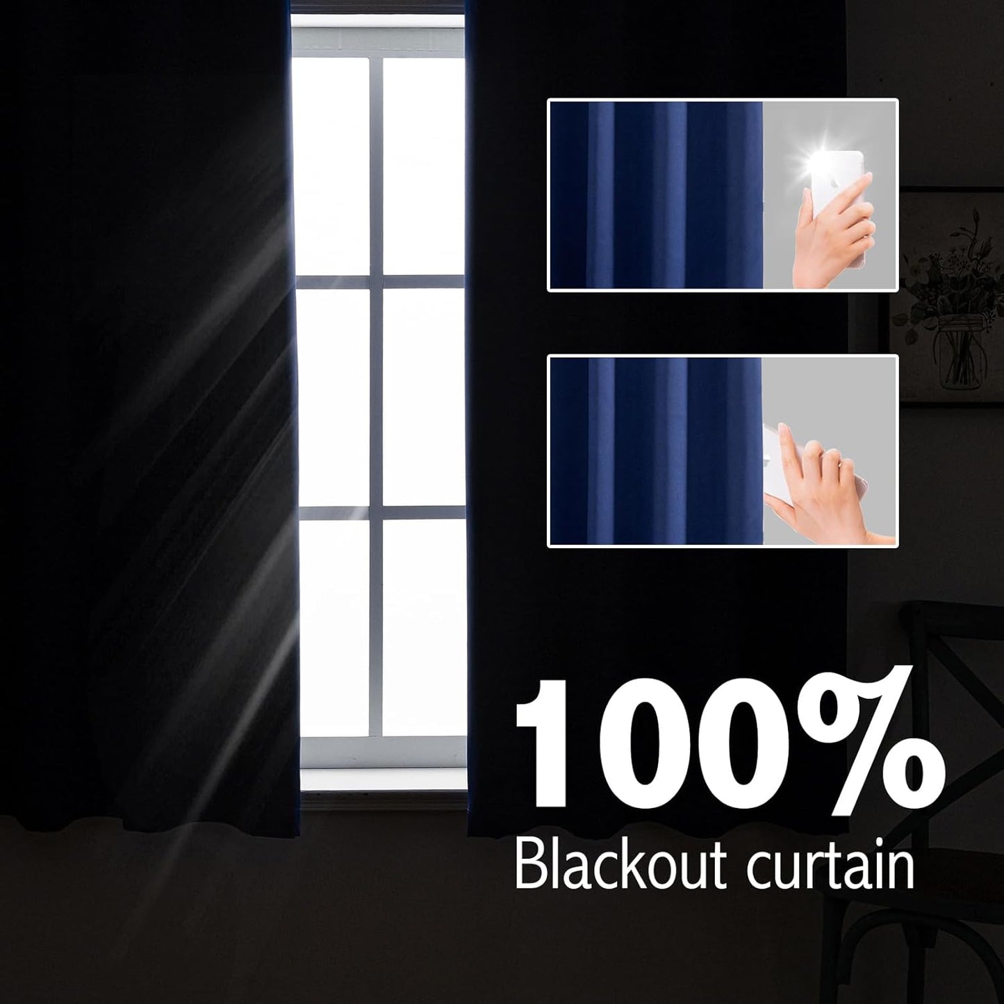 Anytime 100% Blackout Curtain Set, Thermal Insulated & Energy Efficiency Window Draperies for Guest Room, Full Shading Panels for Shift Worker and Light Sleepers（Navy Blue, 2 Panels, 42W x 54L）