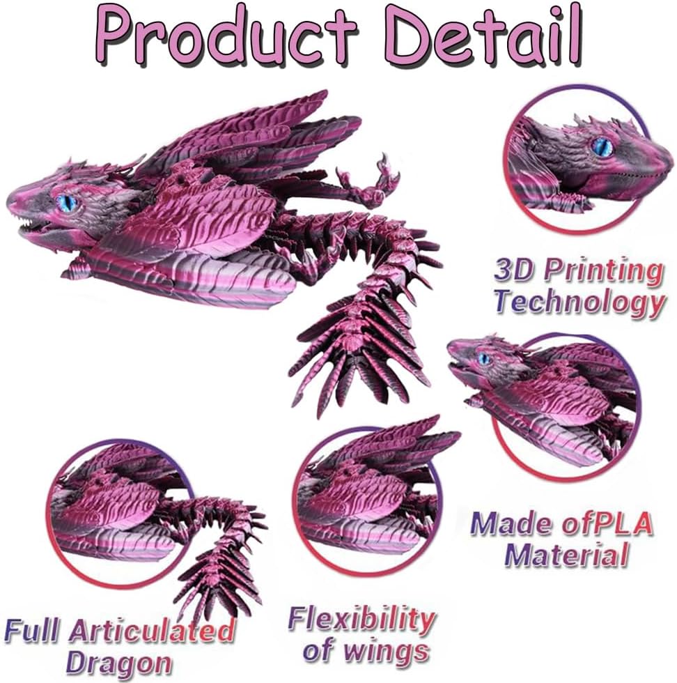 Feathered Wyvern Dragon, 3D Printed Dragon with Articulating Wings Animals Toys, 3D Printed Wyvern Dragon Fidget Toys Desktop Pet Desk Birthday Party Gift for Kids and Adults (Red)
