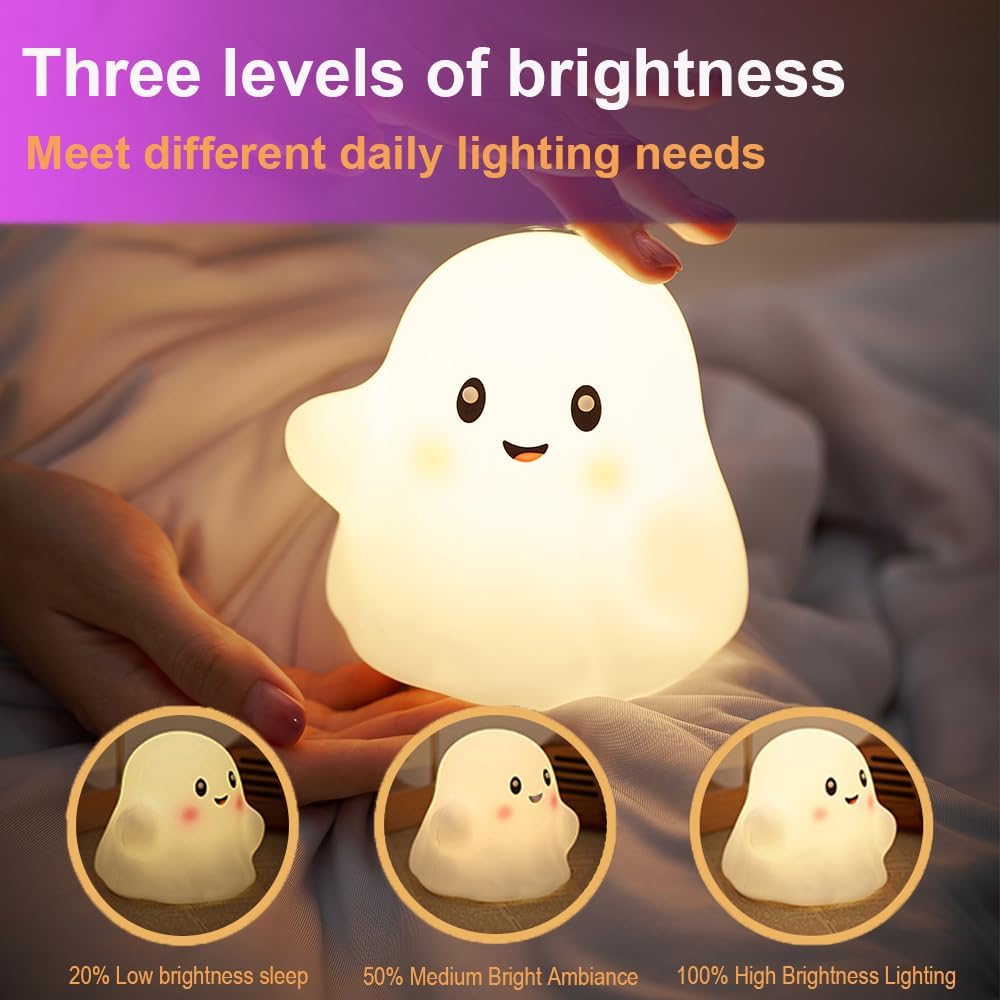Ghost Night Light for Kids, Silicone Nursery Nightlight with 13 Interactive Sound Effects ,Halloween Decor Lamp Adjustable Dimmable Lamp with Touch Sensor Children's Christmas Gifts (white ghost)