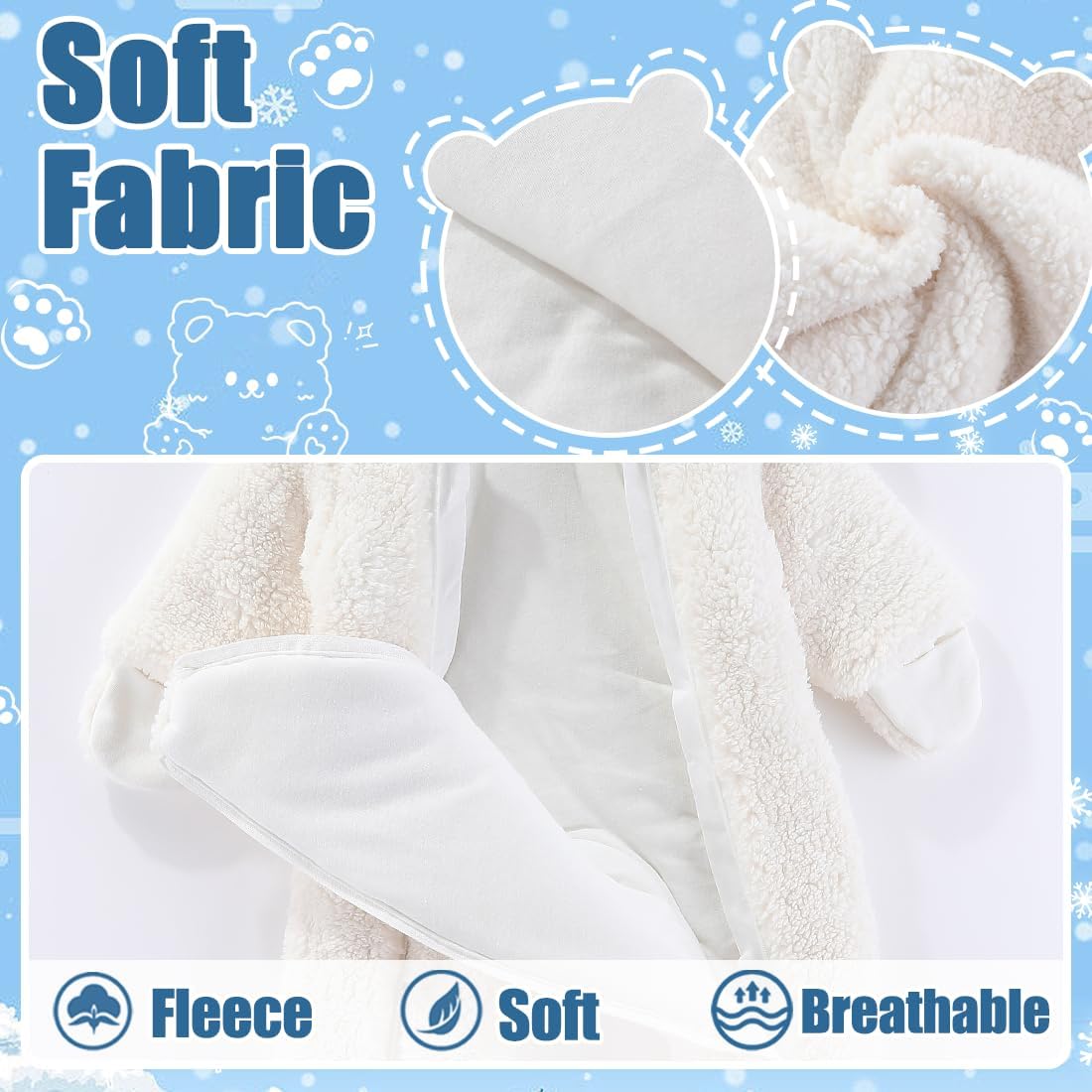 Fairy Baby Newborn Baby Winter Snowsuit Bear Thick Romper Footie Double Zip Hooded Jumpsuit Fleece Coat Infant Boy Girl 0-12M