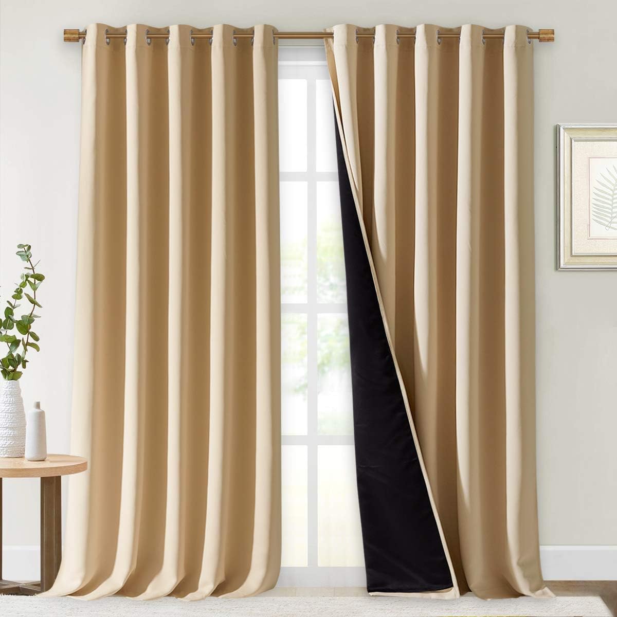 NICETOWN Thermal Insulated 100% Blackout Curtains, Sound Proof Drapes with Black Backing, Full Light Blocking Panels for Patio Sliding Door (Biscotti Beige, 2 Panels, 70 inches x 108 inches)