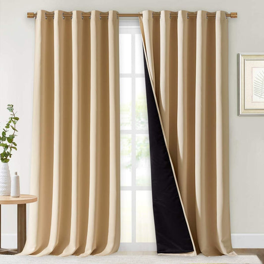 NICETOWN Thermal Insulated 100% Blackout Curtains, Sound Proof Drapes with Black Backing, Full Light Blocking Panels for Patio Sliding Door (Biscotti Beige, 2 Panels, 70 inches x 108 inches)