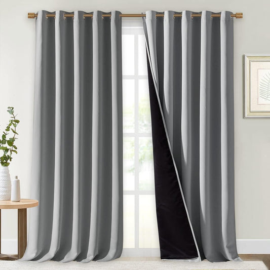 NICETOWN Total Shade Curtains and Draperies, Heavy-Duty Full Light Shading Drapes with Black Liner Backing for Villa/Hall/Dorm Window（Silver Grey, Package of 2 Panels, 70 inches Wide x 95 inches Long