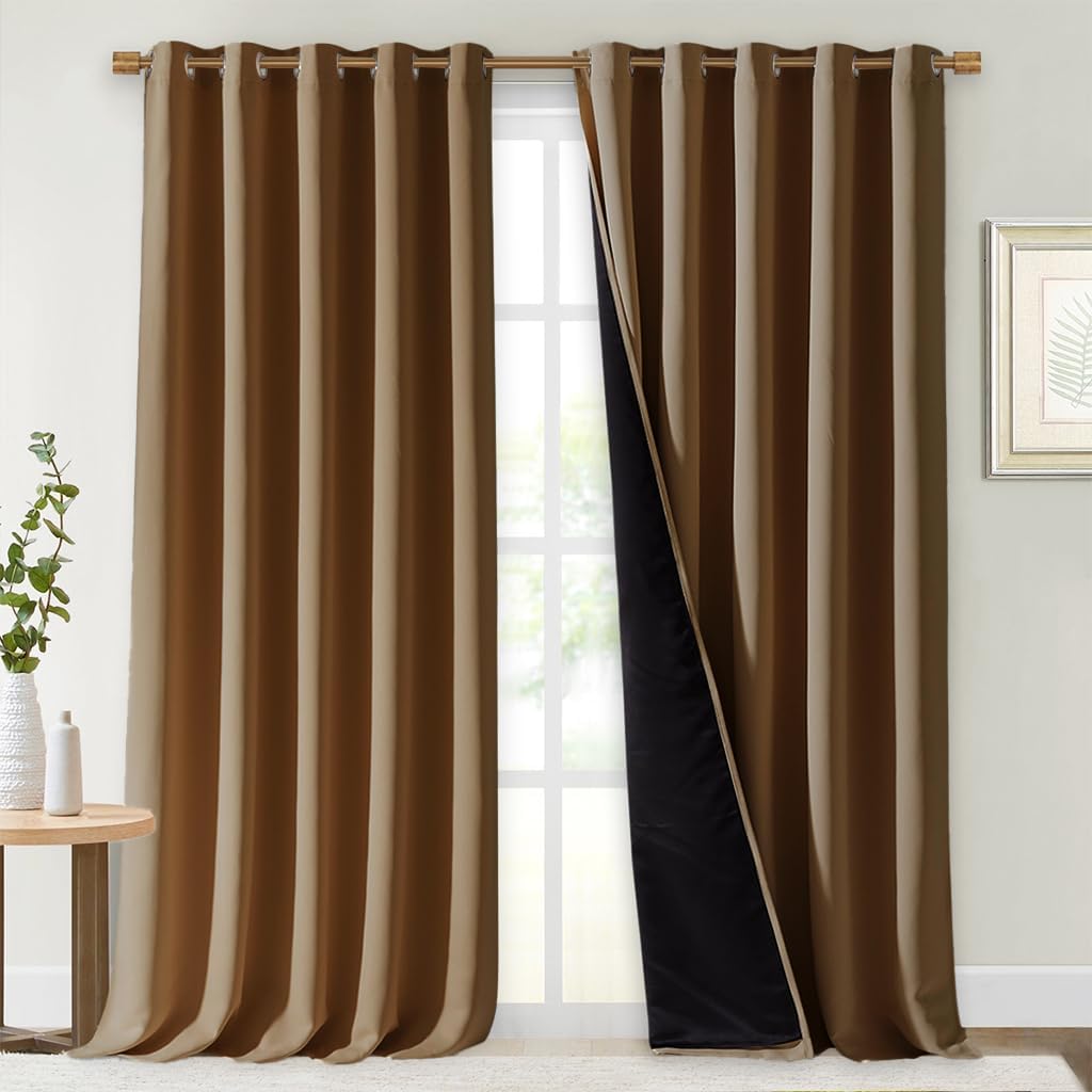 NICETOWN 100% Blackout Blinds, Set of 2, 70 inches x 108 inches, Gold Brown, Laundry Room Decor Window Treatment Curtains for Large Patio Sliding Door, Thermal Insulated Curtains for Bedroom