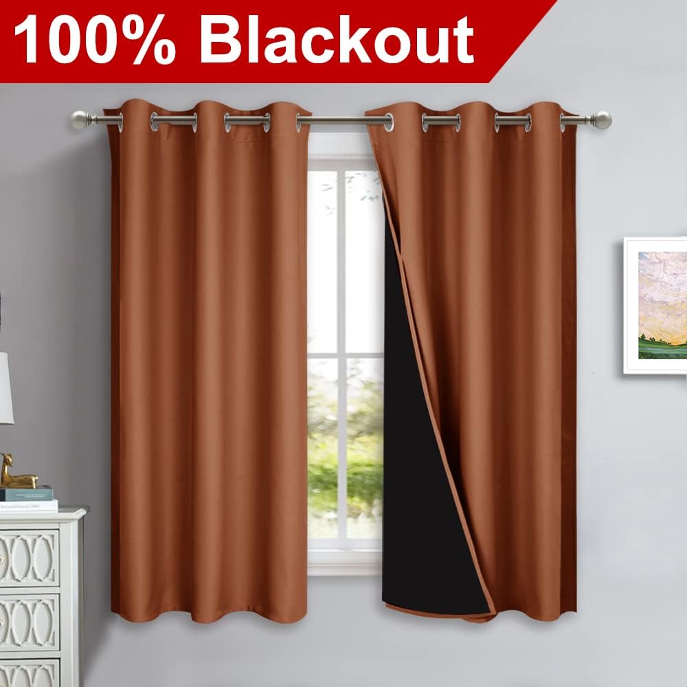 NICETOWN Burnt Orange 100% Blackout Lined Curtains, 2 Thick Layers Completely Blackout Window Treatment Panels Thermal Insulated Drapes for Kitchen (1 Pair, 42" Width x 63" Length Each Panel)