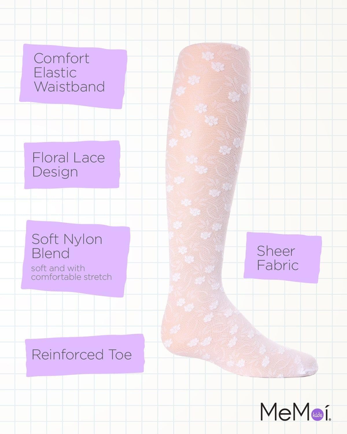 MeMoi Sweet Blossoms Sheer Tights for Girls, Ultra Soft and Lightweight Floral Lace Girls Tights - Sizes 2-14