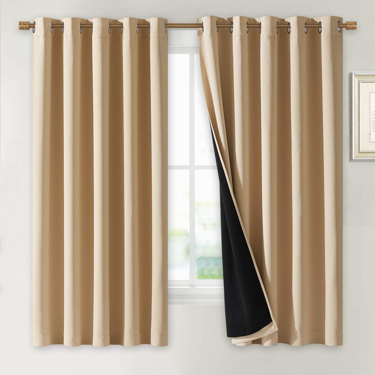 NICETOWN Bedroom Full Blackout Curtain Panels, Super Thick Insulated Window Covers, Complete Blackout Draperies with Black Liner for Short Window(Biscotti Beige, Set of 2 PCs, 70 by 63-inch)