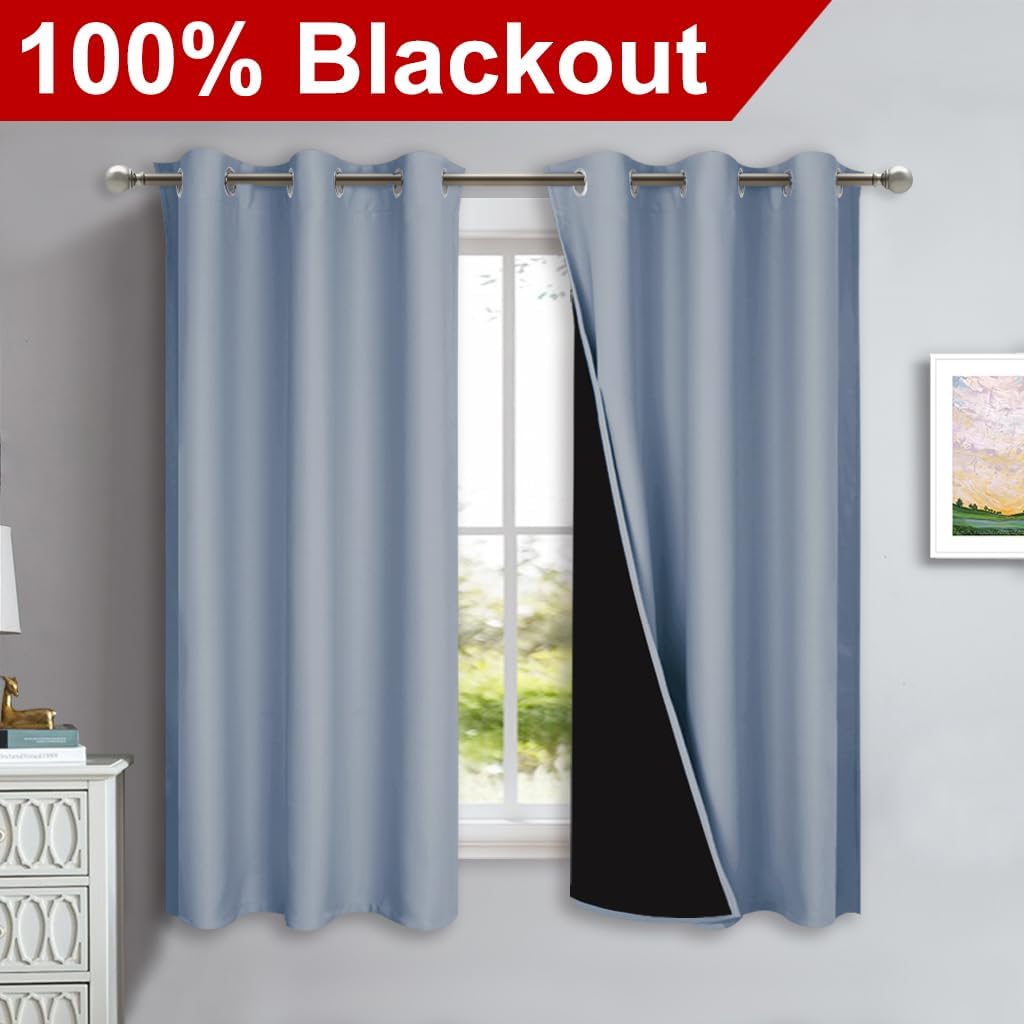 NICETOWN 100% Blackout Short Curtains with Black Liners, 2 Panels, 37" W by 60" L, Vintage Blue, Solid Thermal Insulated Full Blackout 2-Layer Lined Drapes, Energy Efficiency Window Drapes for Bedroom