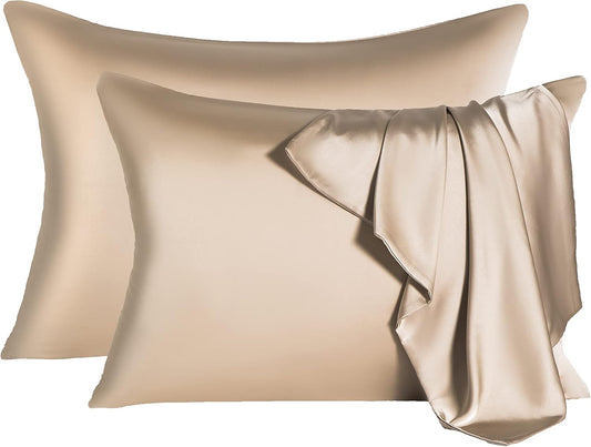 2 Pcs Mulberry Silk Pillowcase for Hair and Skin,Cooling Silk Pillow Case with Hidden Zipper,Allergen Proof Dual Sides Soft Breathable Smooth Silk Pillow Cover for Women(Queen-2PCS,Champagne)