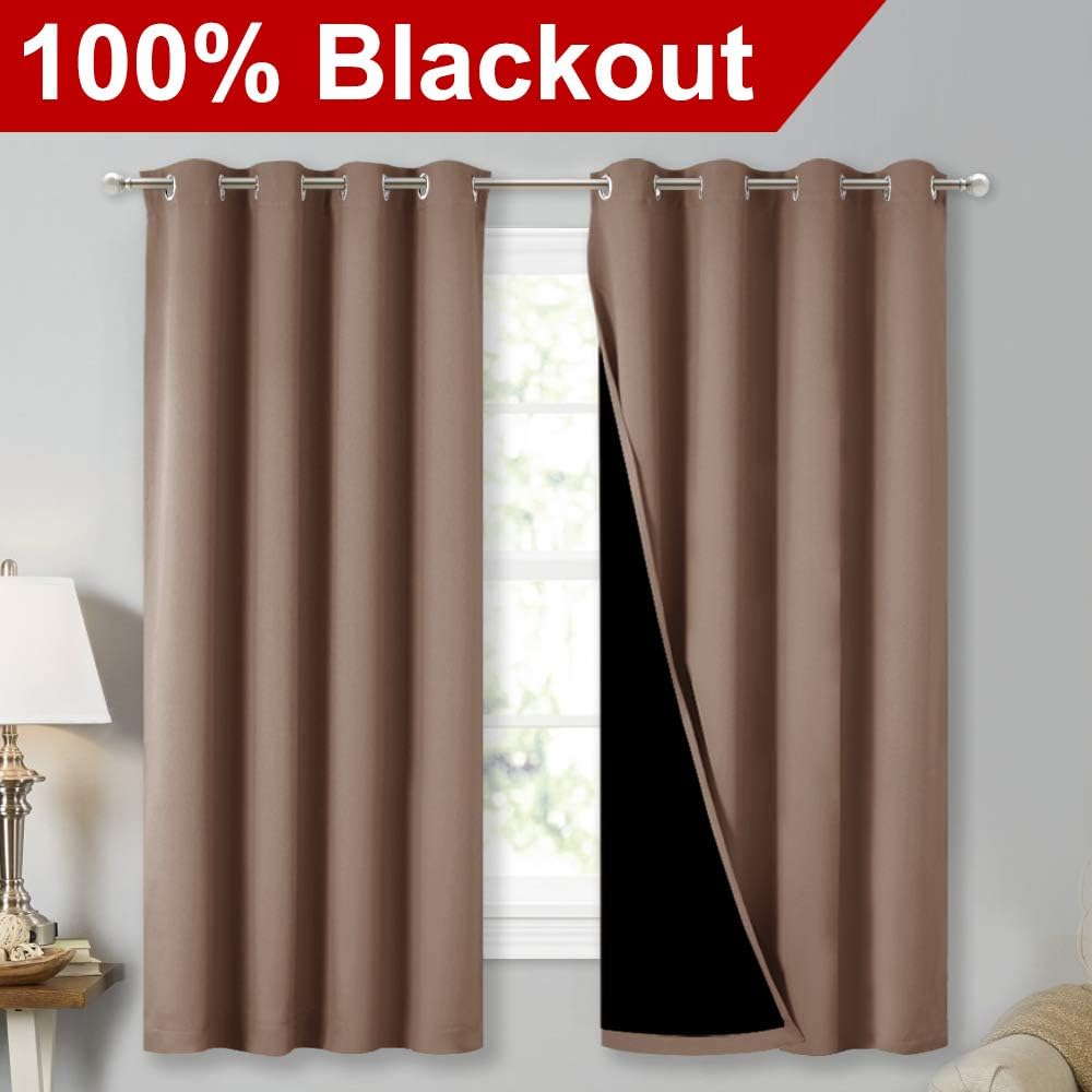 NICETOWN Extra Long Truly Blackout Drapes for Hall and Villa, 46-inch Width Each Panel, 45-inch Length, Cappuccino, 2 Pieces, 100% Blackout Window Curtains with Black Lined for Night Shift Worker